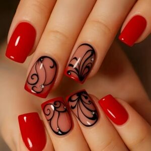 24 Pcs Red and Black Swirl Nails BUY ONE GET ONE FREE